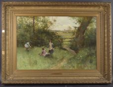 ALFRED AUGUSTUS GLENDINNING (c.1840-c.1910) 'Gathering May Flowers' children in a meadow off a