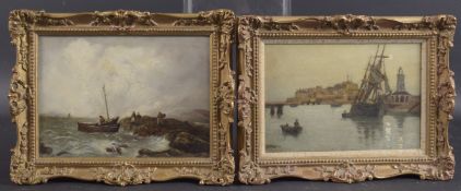 BRITISH SCHOOL (19TH CENTURY) Two maritime views, oil on boards, one of a harbour, indistinctly