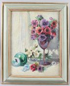 20TH CENTURY SCHOOL Still life of flowers and baubles, oil on canvas, 45cm x 34cm