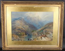 19TH CENTURY ENGLISH SCHOOL A mountainous river landscape with drover and oxen, watercolour,