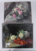 GEORGE WEISSBORT (1928 - 2013) Two still lifes, white roses on a red cloth, 36cm x 45cm and pink and
