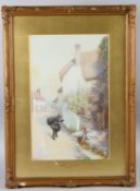 JOHN WHITE RI (1851-1933) 'Beere - East Devon' Chimney sweep and girl greeting in a street,