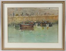 ALASDAIR MACMILLAIN (20TH CENTURY) Moored fishing boats at a harbour wall, watercolour, signed and