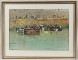 ALASDAIR MACMILLAIN (20TH CENTURY) Moored fishing boats at a harbour wall, watercolour, signed and