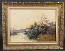 EUGENE GALIEN-LALOUE (1854-1941) Landscape with church on a riverbank, oil on canvas, signed with