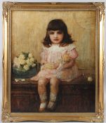 EARLY 20TH CENTURY SCHOOL Portrait of a young girl seated next to flowers, oil on canvas, 60cm x
