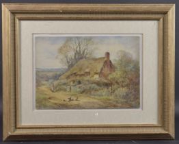 SYVESTER STANNARD RBA (1870-1951) Thatched cottage with a woman on path and chickens feeding,