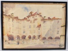 ATTRIBUTED TO WILLIAM RUSSELL FLINT Italianate piazza watercolour, bears signature, 36cm x 51cm