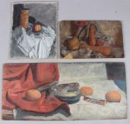 GEORGE WEISSBORT (1928 - 2013) Three still lifes, oranges on a white cloth, 21cm x 47cm carrots,