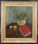 OSVALD SCHALIN (SWEDISH 1897-1975) Still Life of flowers, lemons and a book, oil on board,