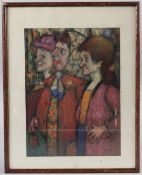 20TH CENTURY SCHOOL Group of three standing women figures, coloured pastels, signed indistinctly,
