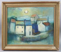 20TH CENTURY SCHOOL Houses on a harbour side, oil on board, 38.5cm x 48cm