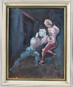 ATTRIBUTED TO DAVID BOYD Fencing ghosts, oil on canvas board, inscribed verso, 47.5cm x 37.5cm