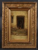 HENRY MARTIN (NEWLYN SCHOOL 1835-1908) view through a cottage doorway with a woman washing. oil on