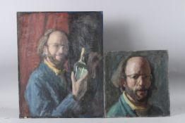 GEORGE WEISSBORT (1928 - 2013) Two self portraits in one holding a bottle, oil on boards, 50.5cm x