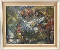 20TH CENTURY SCHOOL Abstract composition, oil on board, indistinctly signed, 39cm x 50cm