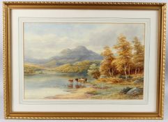 HAROLD LAWES (1865-1940) 'Loch Achray Perthshire' Cattle watering at the edge of a loch with