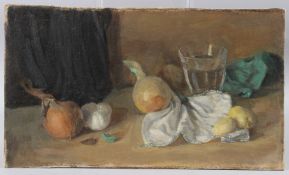 GEORGE WEISSBORT (1928 - 2013) Still life of onions and a glass, oil on board, unframed, 26cm x