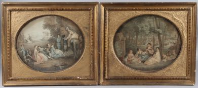 19TH CENTURY SCHOOL Hunting party and figures picnicking in a woodland park, pair of stipple