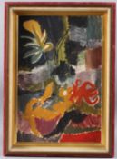 20TH CENTURY SCHOOL still life of flowers, oil on board, in brushed velvet frame, 53cm x 35.5cm