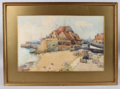 DAVID MARTIN (act.1887-1935) Harbour scene with fishermen and lobster pots, watercolour, signed,