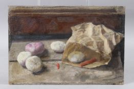 GEORGE WEISSBORT (1928 - 2013) Still life of vegetables and paper bag, oil on board, unframed, 23.