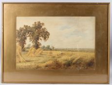 HENRY JOHN KINNAIRD (1861-1929) Harvesting scene with windmill beyond watercolour, signed, 37cm x
