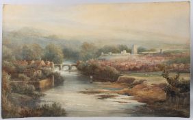 FREDERICK WILLIAM BOOTY (1840-1924) View of anglers in a river with castle and town in the distance,