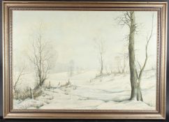 MERVYN GOODE (b.1948) 'More snow in the Air' winter landscape, oil on board, signed and dated