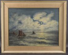 BERNARD H STOCK (20TH CENTURY) 'Outward Bound Moonlight' seascape with fishing boats leaving