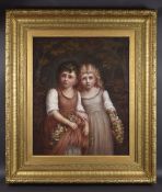 19TH CENTURY SCHOOL Portrait of two children holding posies of flowers, oil on canvas, signed