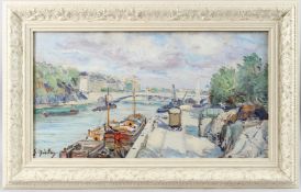 GUSTAVE MADELAIN (1867-1944) View of barges on the River Seine, oil on board, signed, 32cm x 59cm
