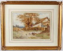 FREDERICK KNOWLES (1874-1931) Chickens besides a cottage, watercolour, signed, 25cm x 35cm