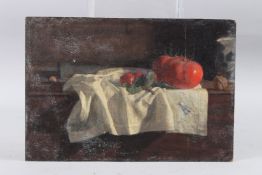 GEORGE WEISSBORT (1928 - 2013) Still life of tomatoes on a white cloth, oil on board, unframed,