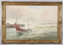 FREDERICK CHARLES DIXEY (act.1877-1920) Fishing boat returning to harbour, watercolour, signed, 50cm