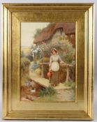 WILLIAM AFFLECK (1869-1943) Cottage garden scene of a woman holding a water jug, watercolour,
