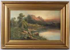 FRANK HIDER (1861-1933) 'Departing Hay' cattle watering in a mountain side lake. oil on canvas,