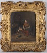 19TH CENTURY SCHOOL Interior scene of a woman and child playing with a cat, oil on canvas, 39.5cm