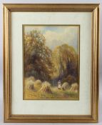 FRANK GRESLEY (1855-1936) Woman and child on a path through hay stacks, watercolour, signed, 38cm