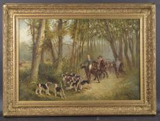 FRENCH SCHOOL (EARLY 20TH CENTURY) Woodland scene with hunt and hounds, oil on canvas, inscribed