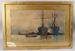 CHARLES EDWARD DIXON (1872-1934) Moored ships and barges possibly on the River Thames,