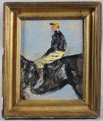 20TH CENTURY SCHOOL Jockey mounted on a racehorse, oil on board, label verso inscribed 'at