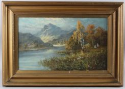 FRANK HIDER (1861-1933) 'In the Trossachs' Loch side mountain view with figures collecting