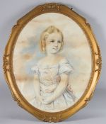 VICTORIAN SCHOOL Portrait of a girl with her hair in ringlets watercolour, in gilt oval frame,