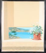 RALPH HEDLEY (b.1948) Flower pot on a window sill with coastal view, oil on canvas, inscribed verso,