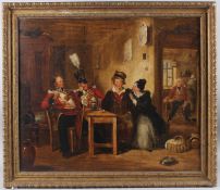 VICTORIAN SCHOOL Interior scene of seated soldiers and a boy bidding farewell, oil on canvas, 57cm x
