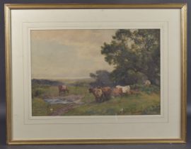 ROBERT THORNE WAITE (1842-1935) Landscape with grazing cattle and the sea beyond, watercolour,