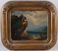 GERMAN SCHOOL (19TH CENTURY) 'Haus an einem See' oil on canvas, labels verso 25.5cm x 31cm
