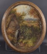 BRITISH SCHOOL (19TH CENTURY) Landscape and watermill with a man collecting water, oil on oval