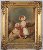 VICTORIAN SCHOOL Girl playing with her pet dog oil on board, 49cm x 39cm